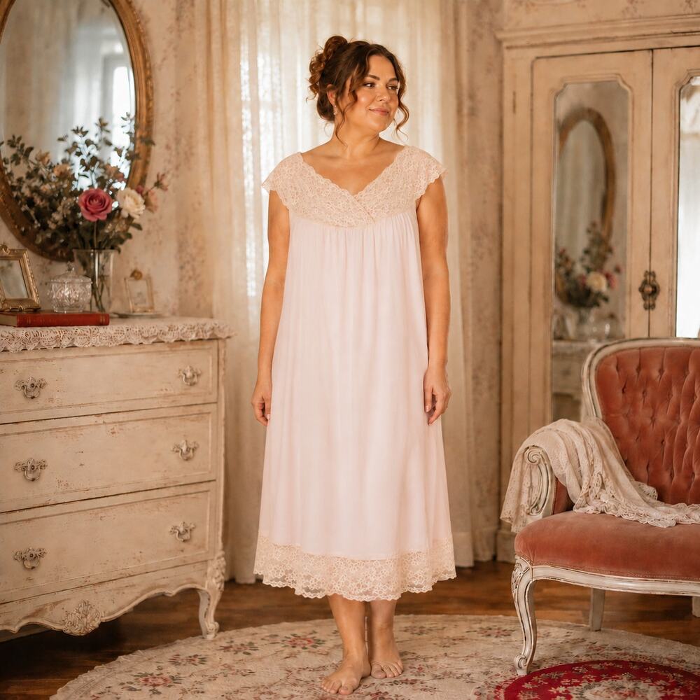 60s Vintage Aristocraft Pink Negligee Nightgown, Ecru Lace Nylon Sleepwear - L